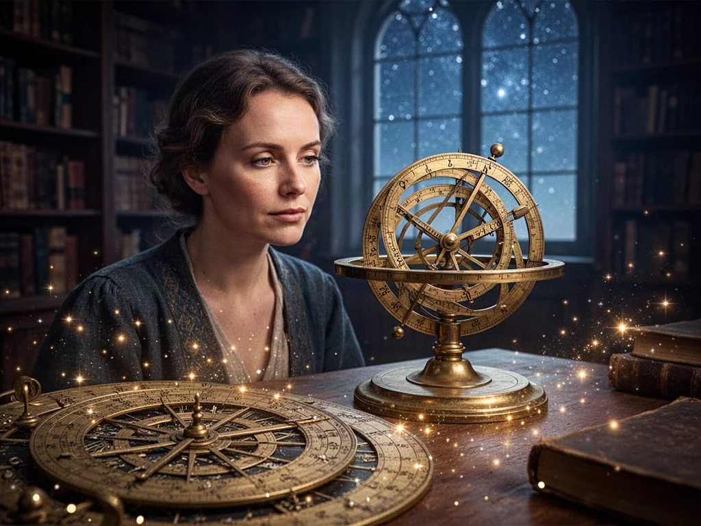 Kobieta w bibliotece bada złote astrolabium na tle rozgwieżdżonego nieba, co ilustruje proces wyznaczania ascendentu.